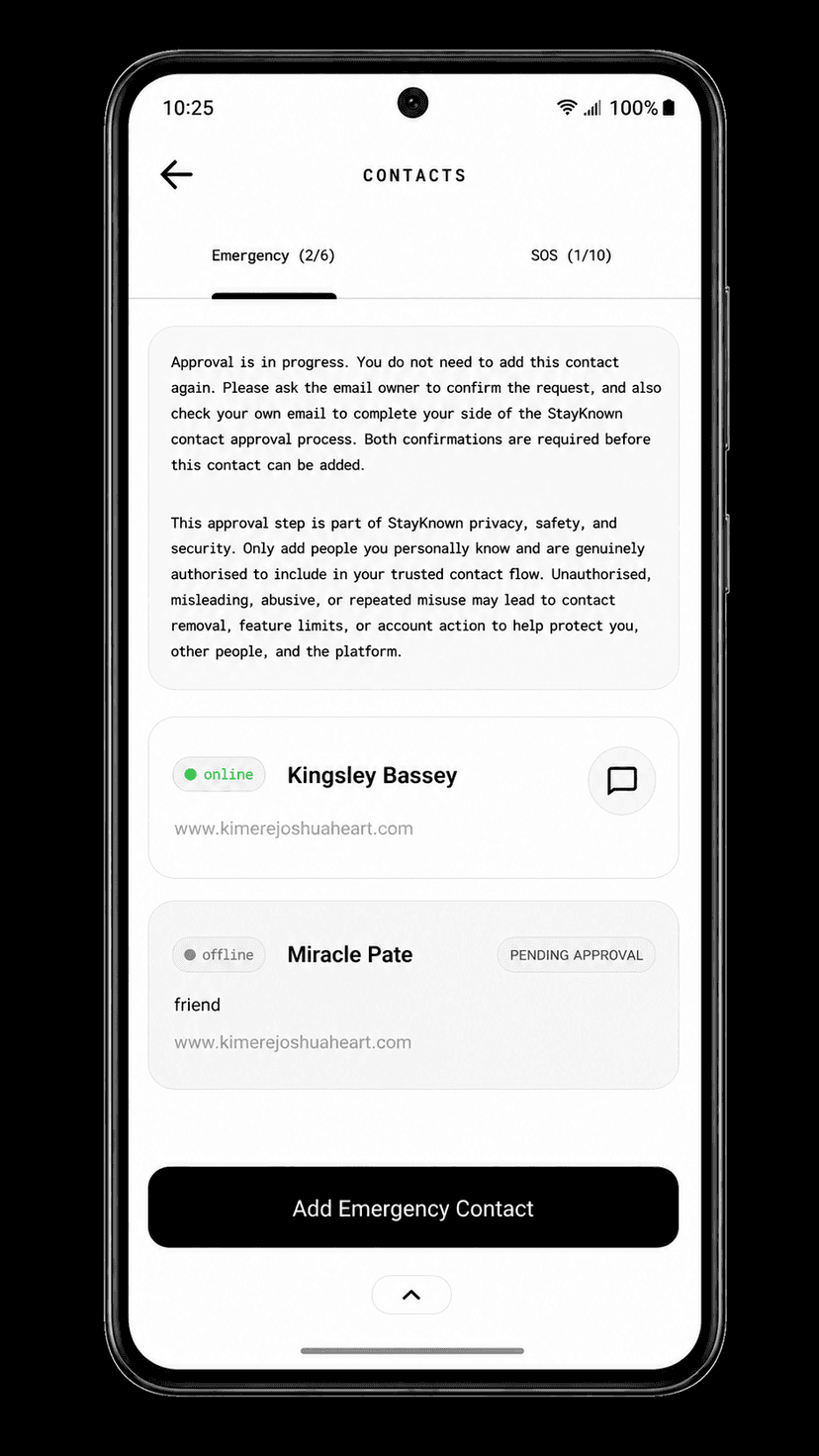 StayKnown approved contacts screen