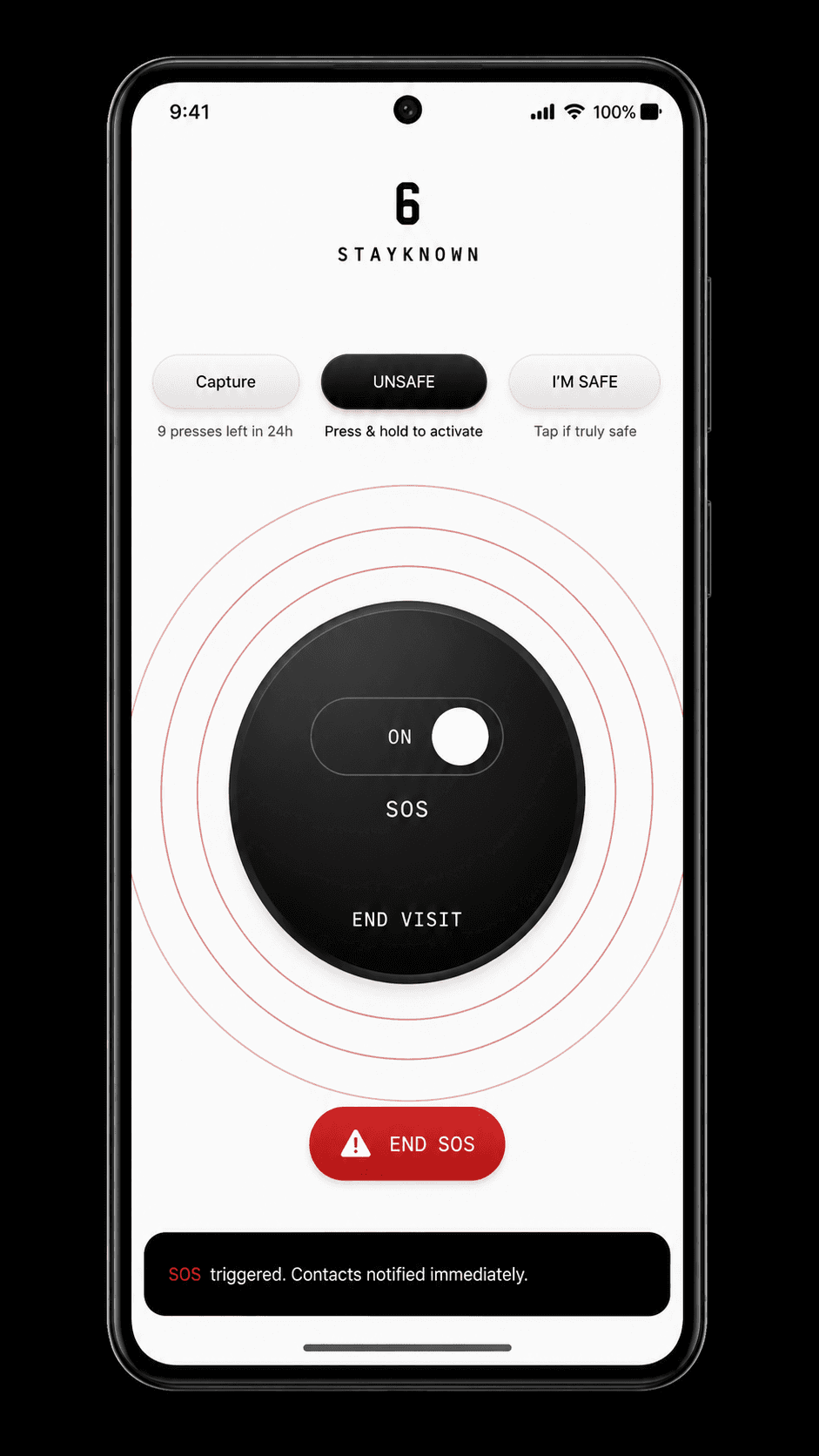 StayKnown Visit, LIVE, and SOS controls