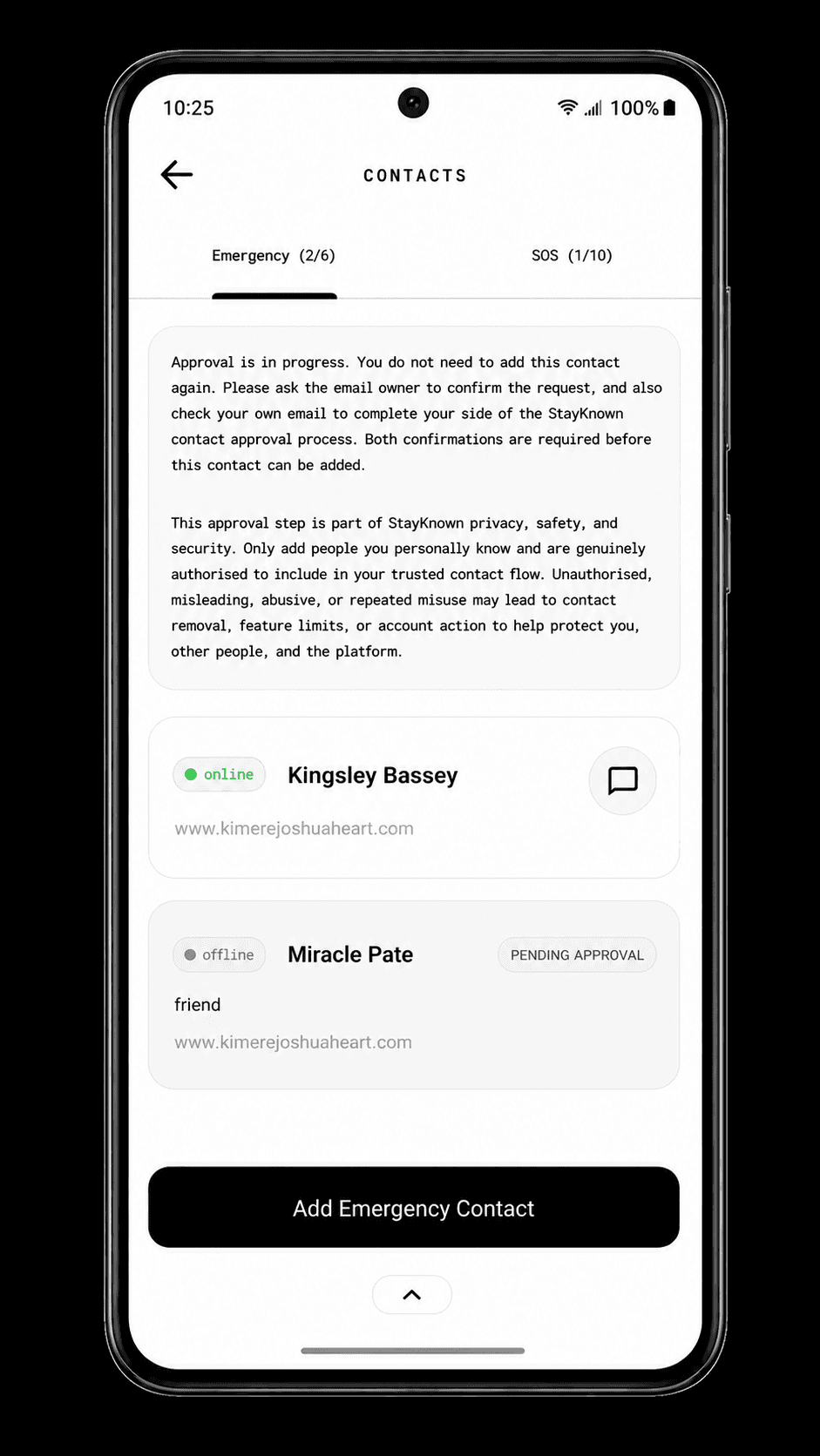 StayKnown approved-contact consent screen