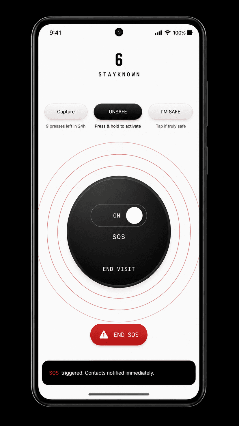 StayKnown Visit, LIVE, and SOS screen